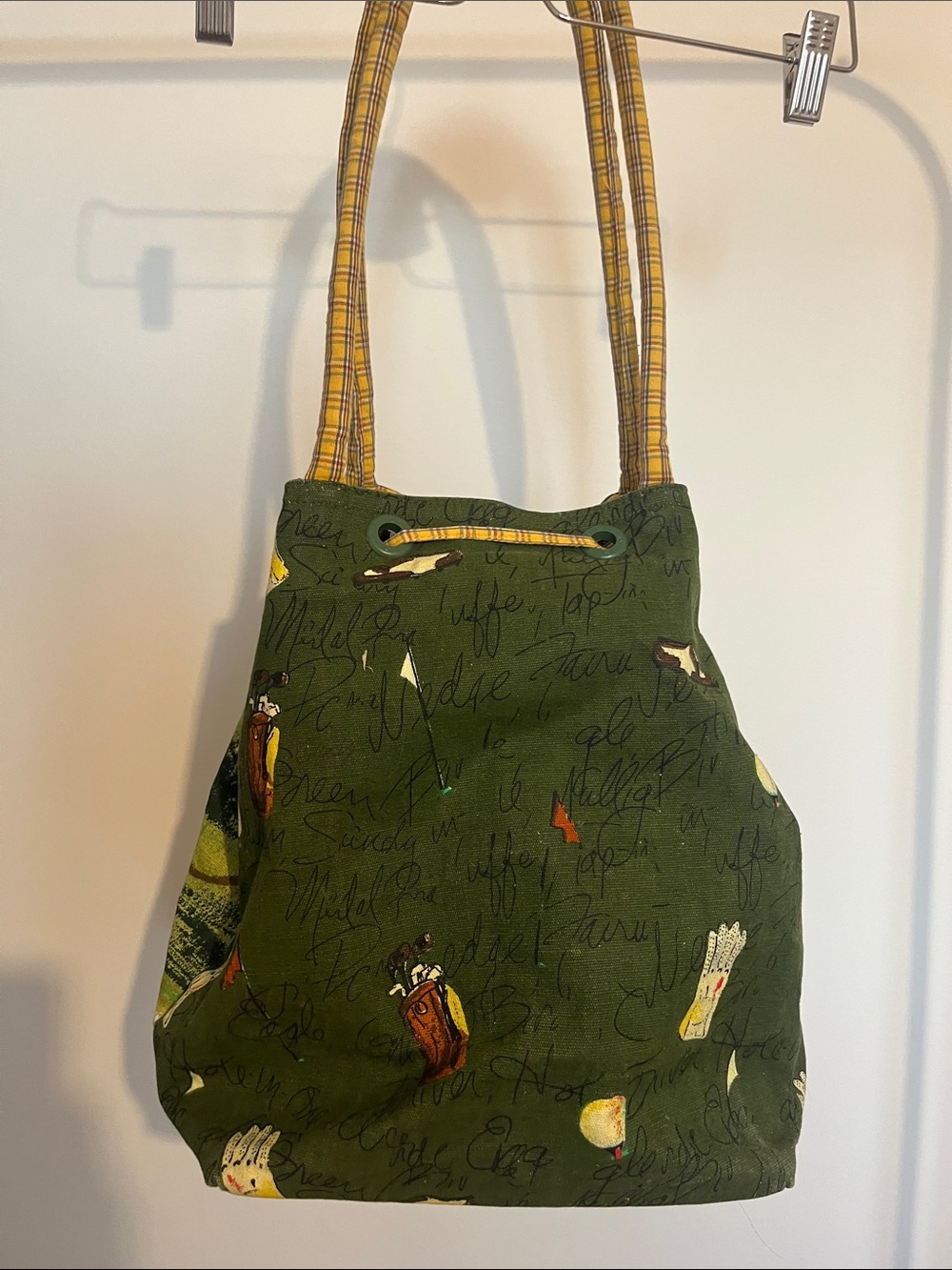 Vintage Green Golf Print Drawstring Tote Bag - Picture 3 of 9